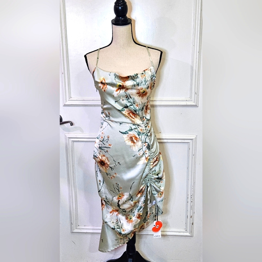 Cider Green Satin Multicolor Floral Asymmetrical Midi Slip Dress,Medium,NWT - Picture 9 of 16